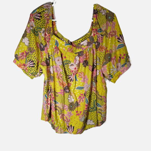Loft Linen Artsy Yellow Floral Puff Sleeve Top Large Square Neck Boho Vacation - Picture 4 of 13